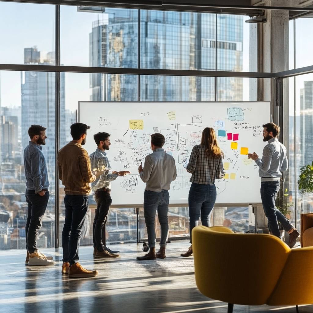 A diverse group of professionals collaborates around a whiteboard filled with ideas and notes, showcasing teamwork in a modern office setting.