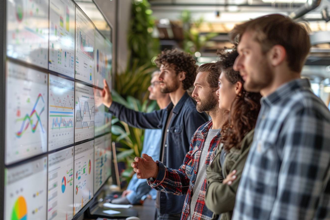 A diverse group of professionals analyzing data on multiple screens, with graphs and charts displayed, focused and engaged in discussion.