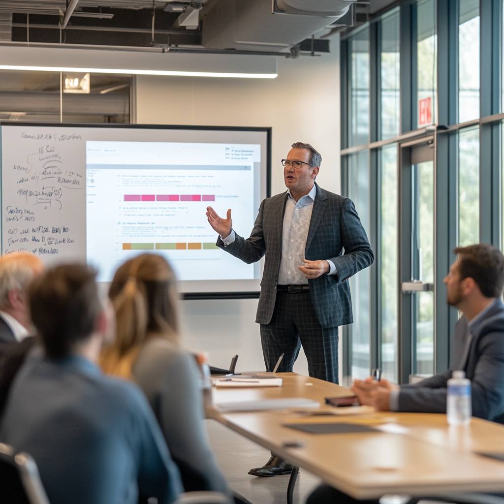 A business meeting in a modern conference room, featuring a speaker presenting data on a screen to an engaged audience.