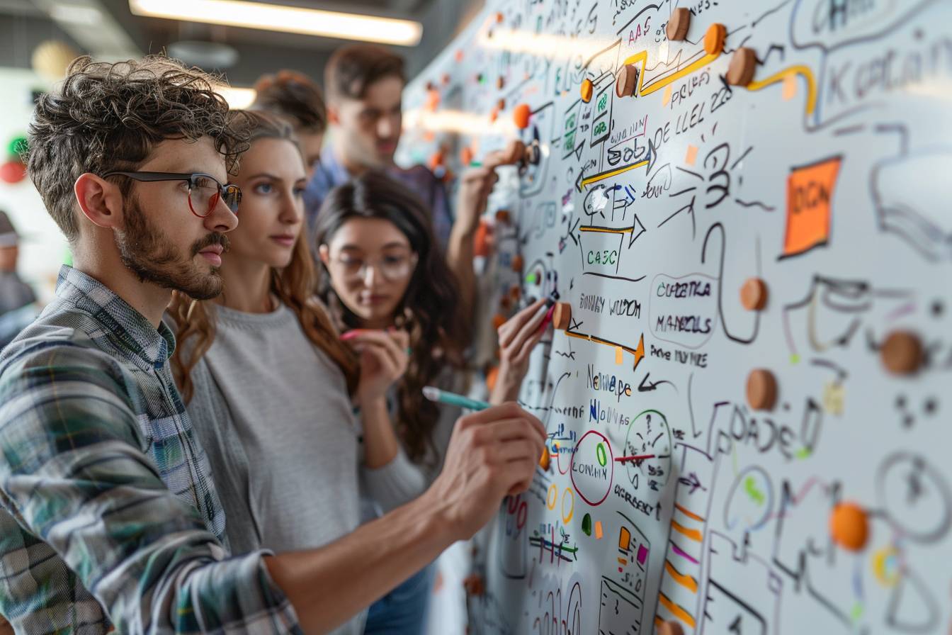 A diverse group of young professionals collaborating at a whiteboard filled with colorful notes and diagrams, brainstorming ideas together.