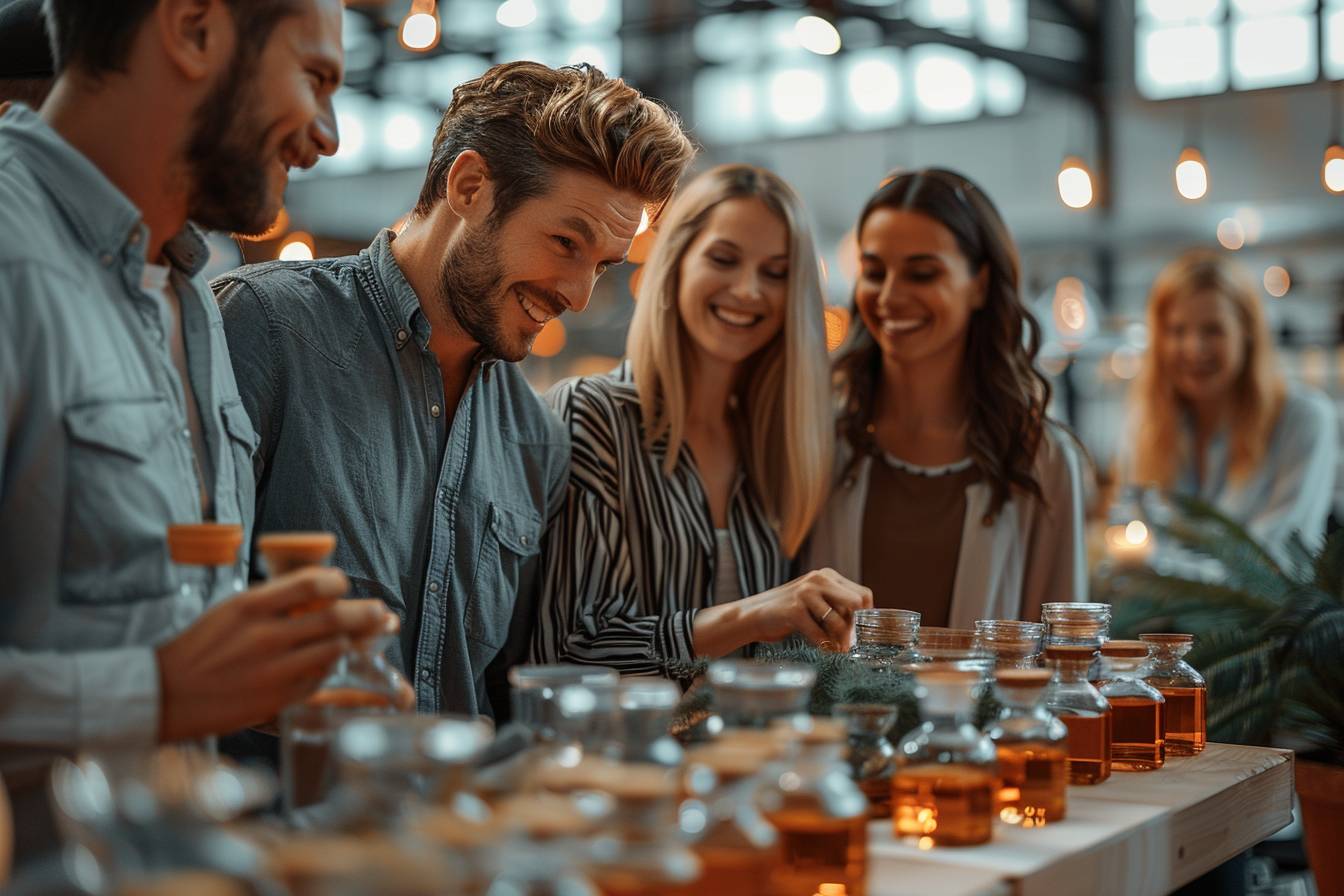A group of four smiling friends gather around a table filled with jars and bottles, enjoying a lively moment in a warmly lit setting.