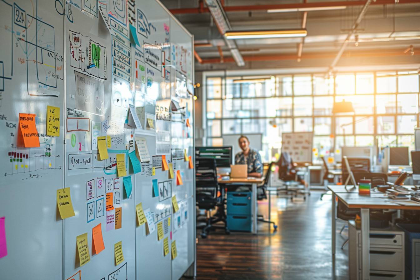 A modern office workspace featuring walls covered in colorful sticky notes and diagrams, with a person working at a desk in the background.