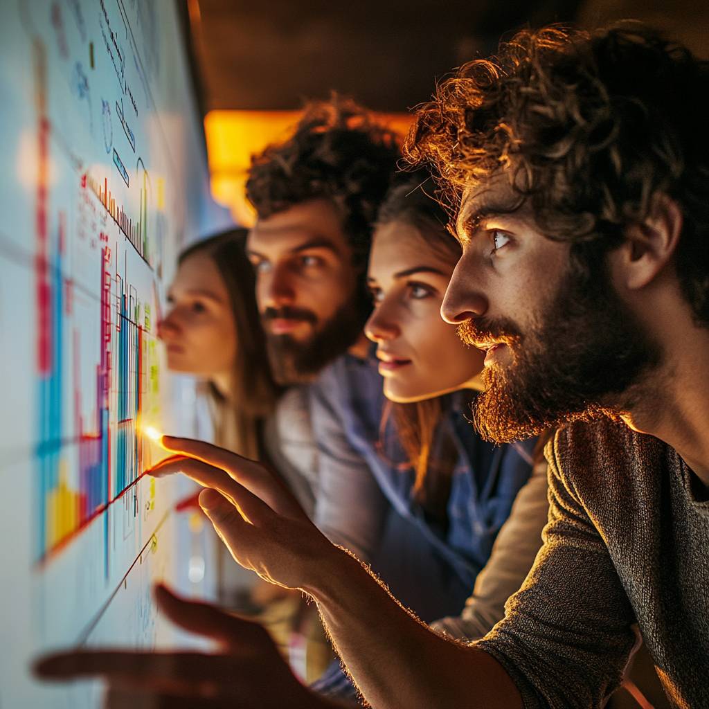 A group of four young adults closely examines a touchscreen display featuring colorful charts and data visuals in a dimly lit environment.