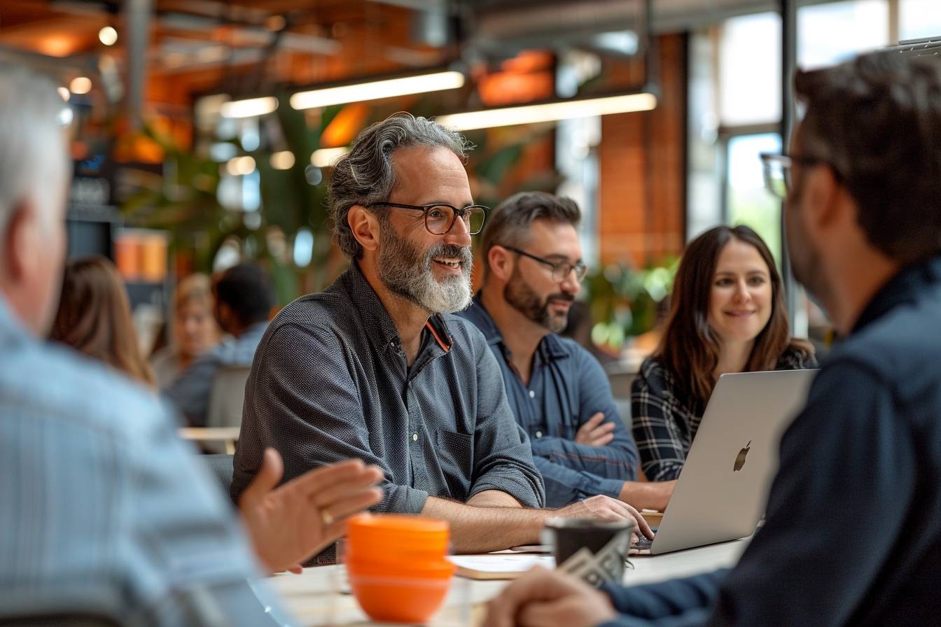 A group of diverse individuals in a collaborative workspace engage in a productive discussion, with a laptop present on the table.