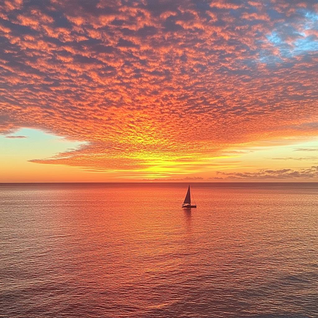 A stunning sunset over calm waters, featuring vibrant orange and pink hues in the sky, with a lone sailboat silhouetted against the horizon.