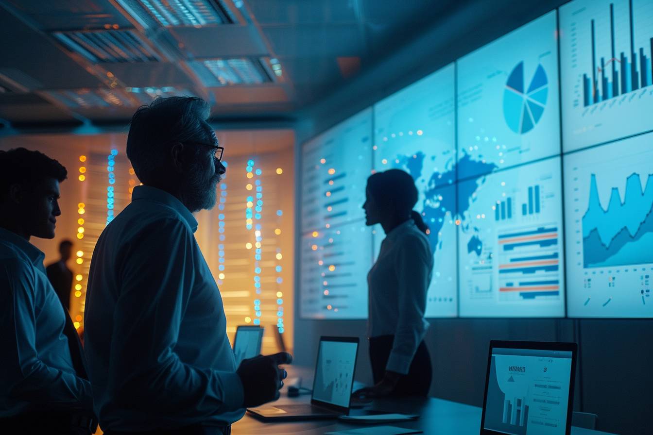 A group of professionals analyze data in a modern office, illuminated by screens displaying graphs and visual analytics in a high-tech environment.