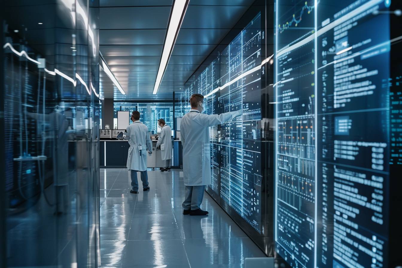 A modern laboratory setting featuring scientists in white lab coats interacting with digital displays showcasing complex data and analytics.