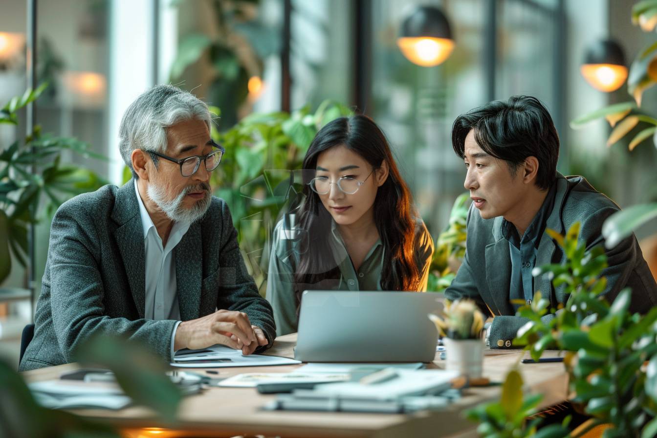 Three colleagues engaged in a discussion around a laptop in a bright, plant-filled workspace, working collaboratively on a project or presentation.
