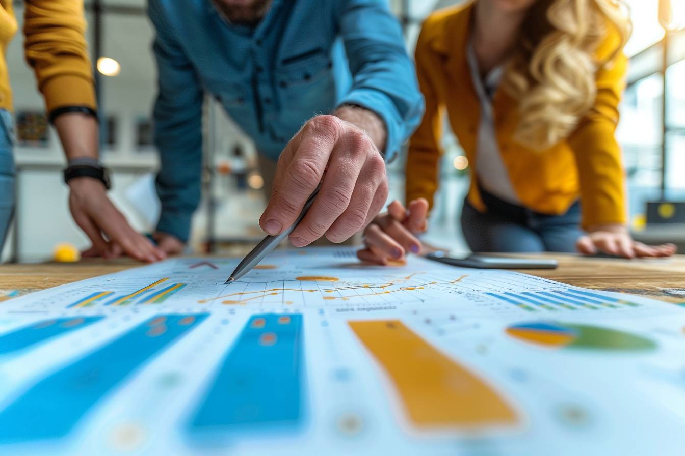 Three people analyzing data on a report with graphs and charts, highlighting trends and insights during a collaborative meeting in a bright workspace.