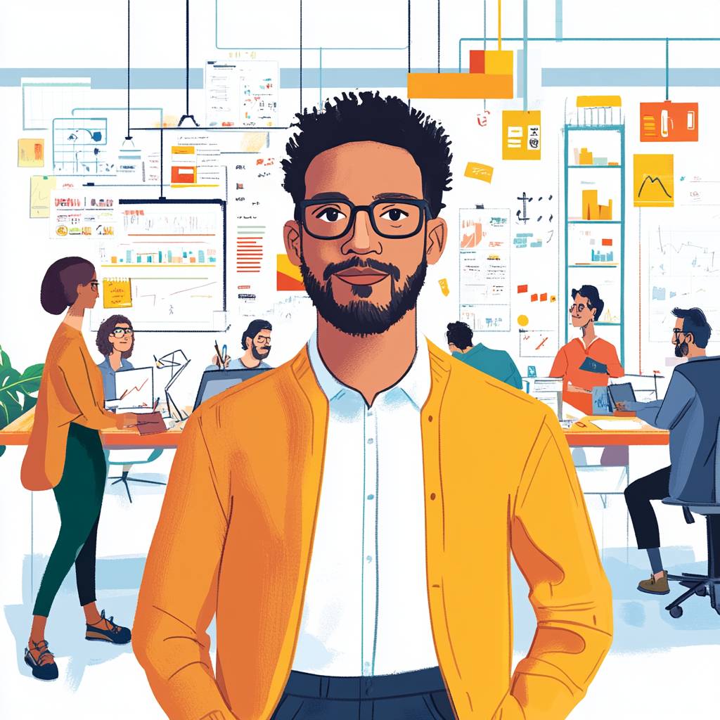 A confident young professional in a vibrant office setting, surrounded by colleagues working on data and strategies, all engaged in teamwork.
