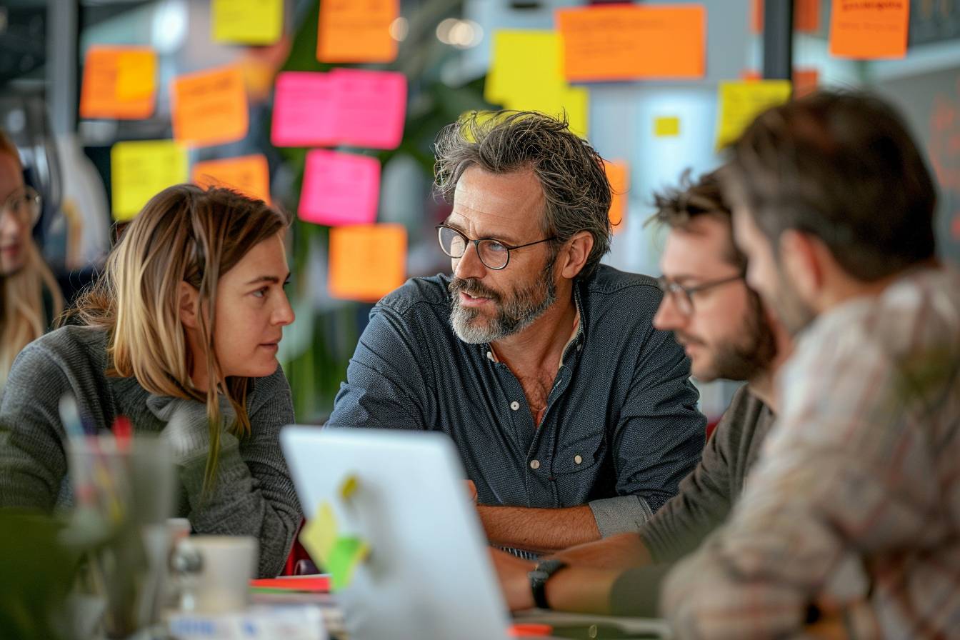 A group of four professionals engaged in a focused discussion around a table with sticky notes and a laptop, reflecting a collaborative workspace.
