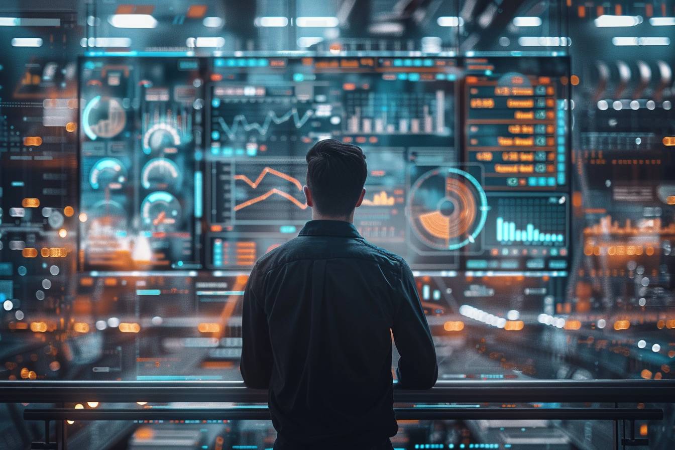A person stands in front of a high-tech control panel filled with data visualizations and glowing graphs, analyzing complex information.