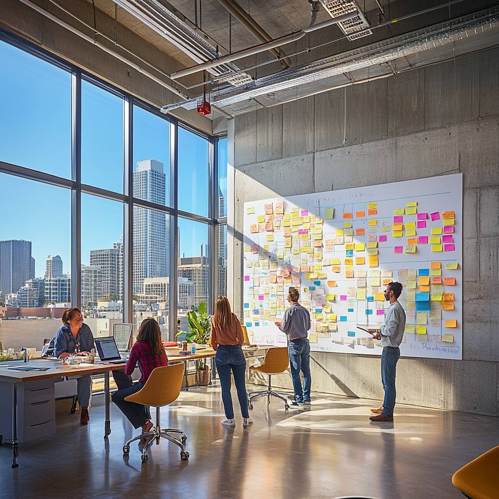 A bright modern office features a group of professionals collaborating at a large whiteboard filled with colorful sticky notes, showcasing teamwork and creativity.
