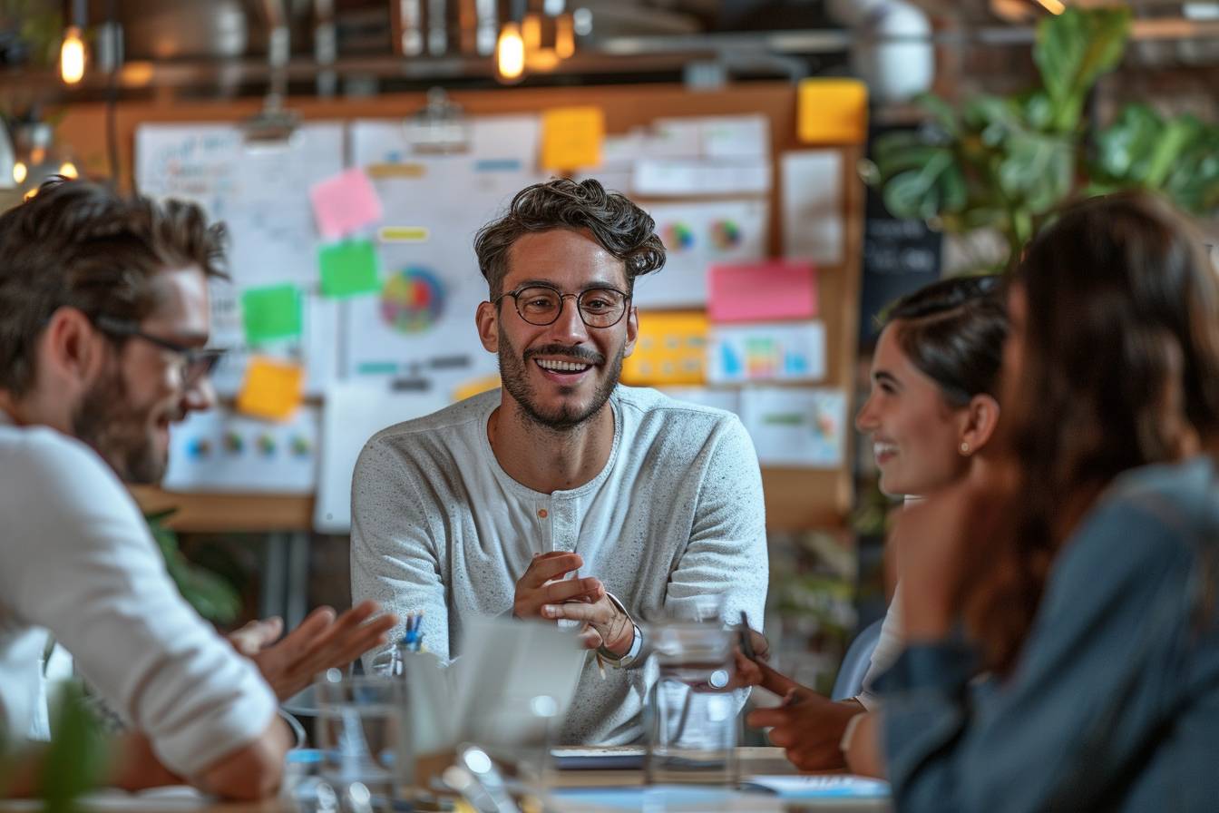 A diverse group of young professionals engaged in a lively discussion around a table, with charts and notes in the background, showcasing collaboration.
