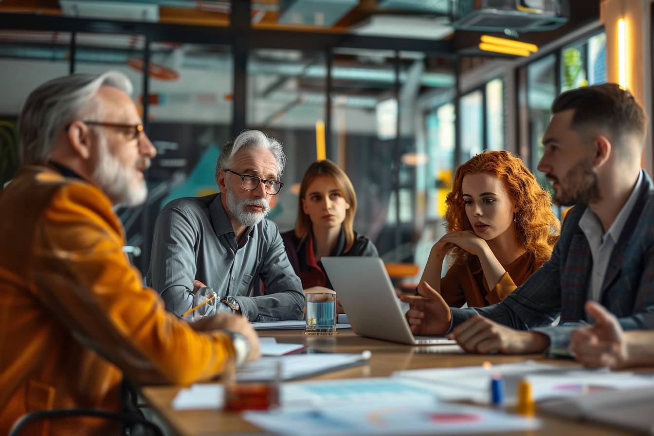 A diverse group of professionals engaged in a meeting around a table, discussing ideas and collaborating with a laptop and documents present.