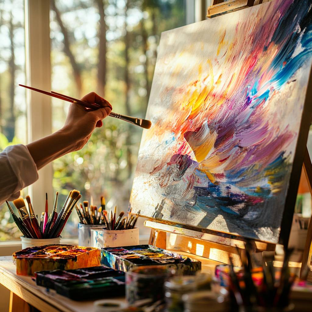 A hand holding a paintbrush paints an abstract canvas filled with vibrant colors, surrounded by art supplies in a sunlit studio.