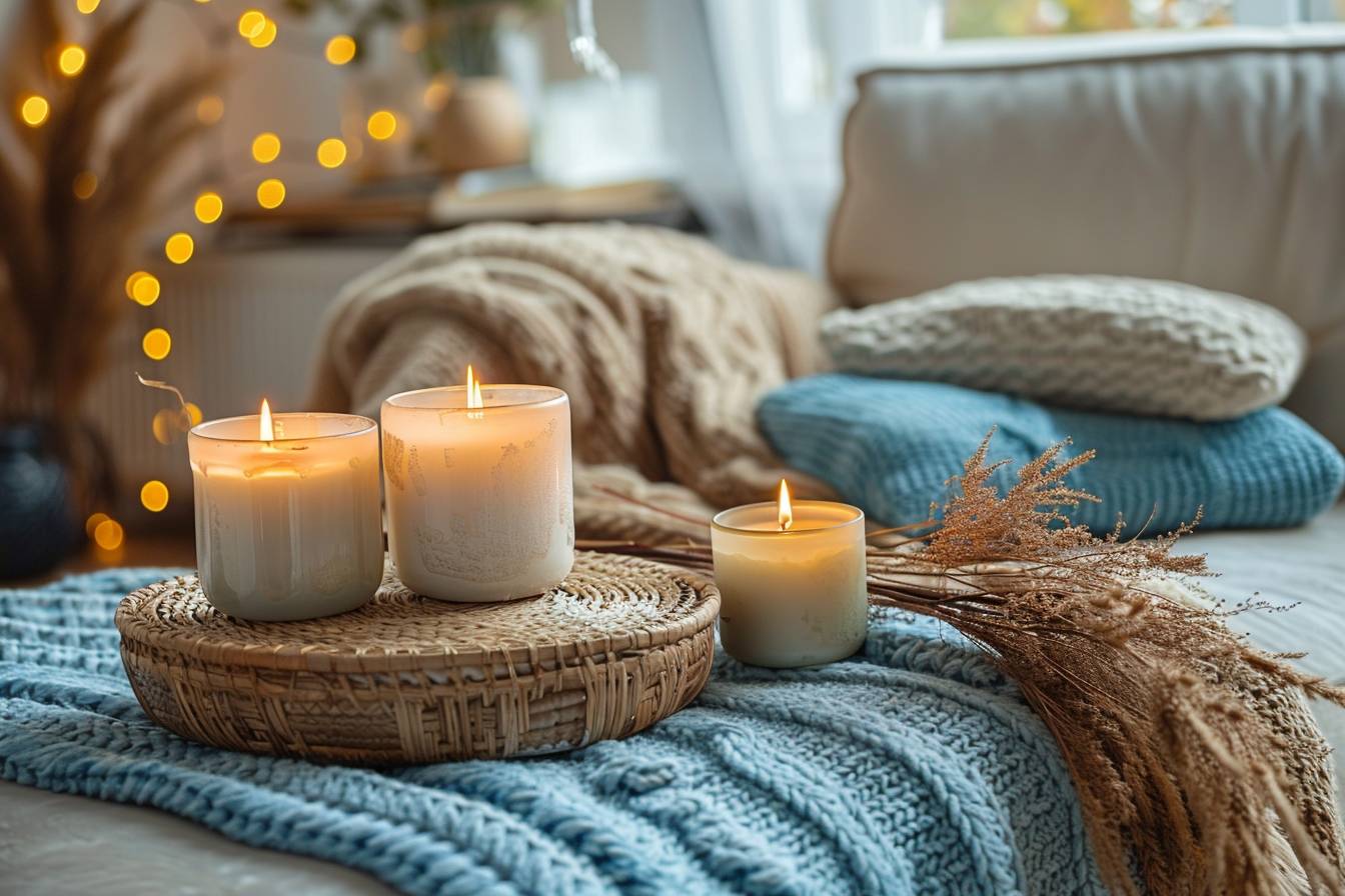 A cozy living space featuring three lit candles on a woven tray, surrounded by soft blankets and cushions, creating a warm ambiance.
