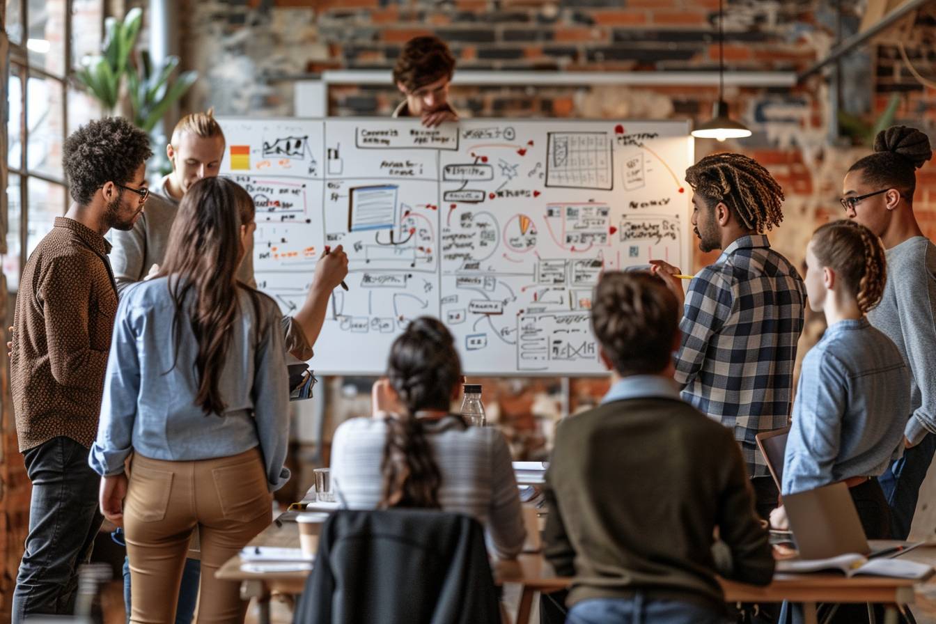A diverse group of people collaborating in a modern workspace, engaging with a large whiteboard covered in notes and diagrams, discussing ideas.