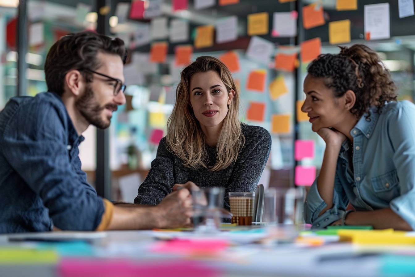 Three young professionals engaged in a focused discussion at a table covered with colorful sticky notes, showcasing a creative brainstorming environment.