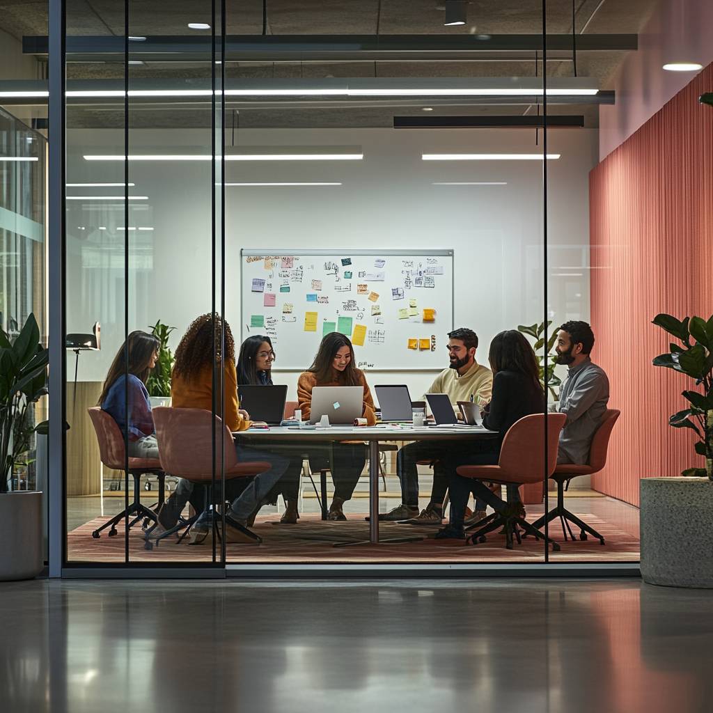 A group of diverse individuals collaborates around a modern conference table, equipped with laptops and a whiteboard filled with notes.