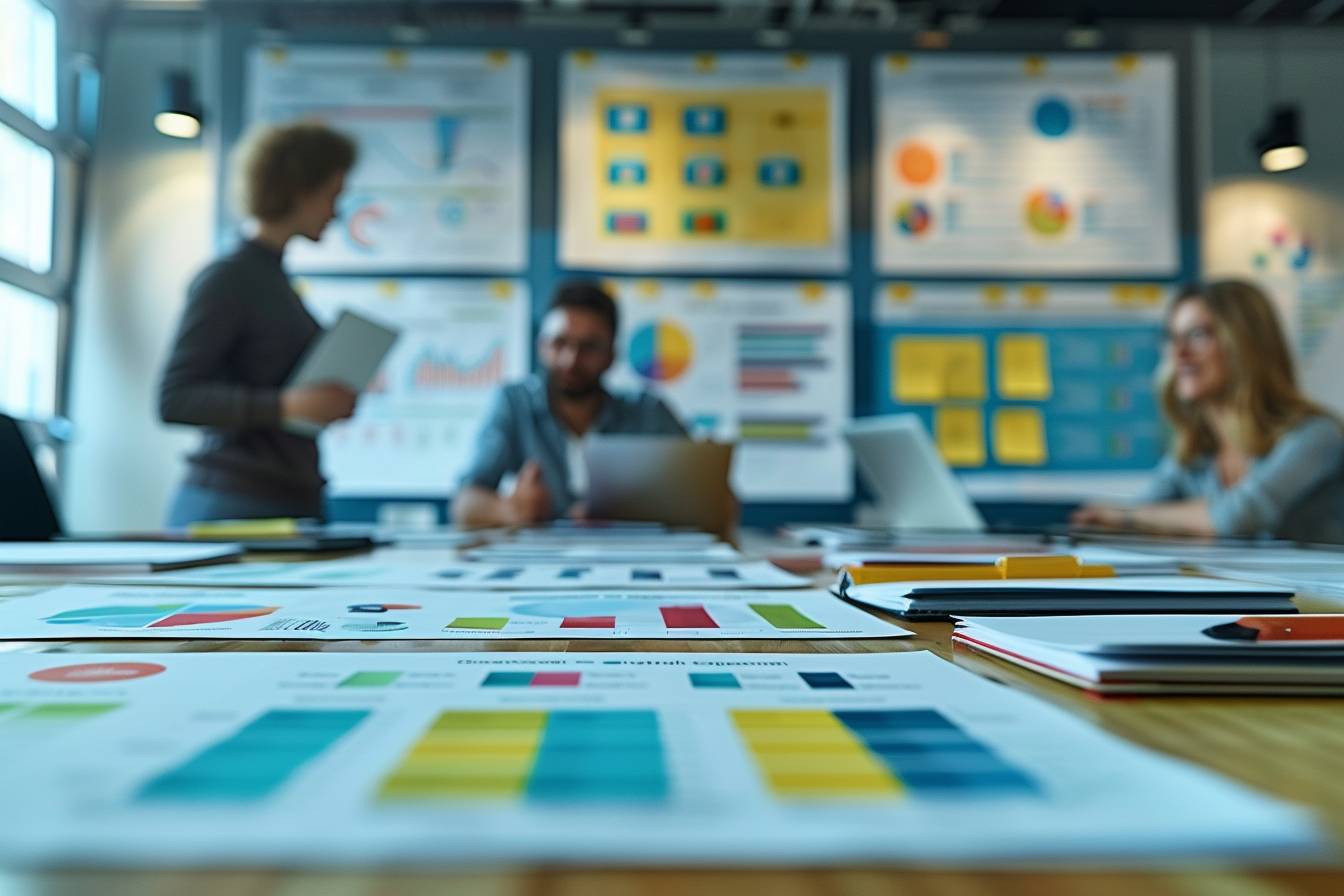 A group of professionals discusses data in a brightly lit office surrounded by charts, graphs, and reports spread on the table.