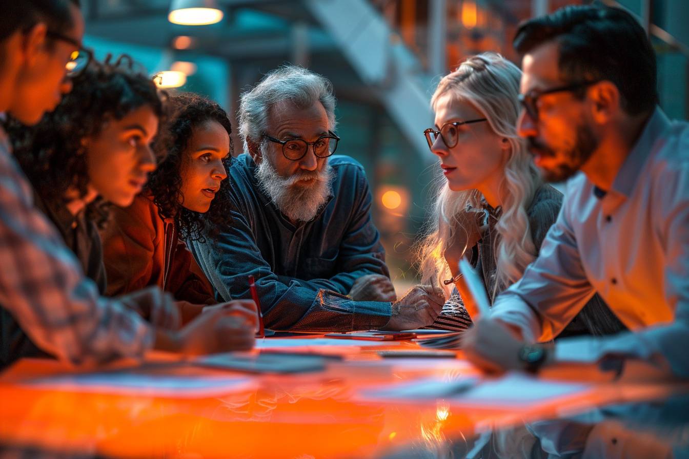A diverse group of six individuals engaged in a serious discussion around a glowing orange table, surrounded by an industrial-style setting.