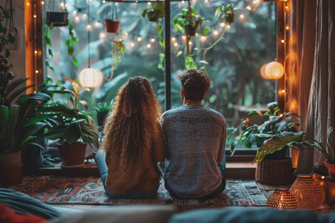 A couple sits side by side on a rug, gazing out a window surrounded by plants and soft fairy lights, creating a cozy atmosphere.