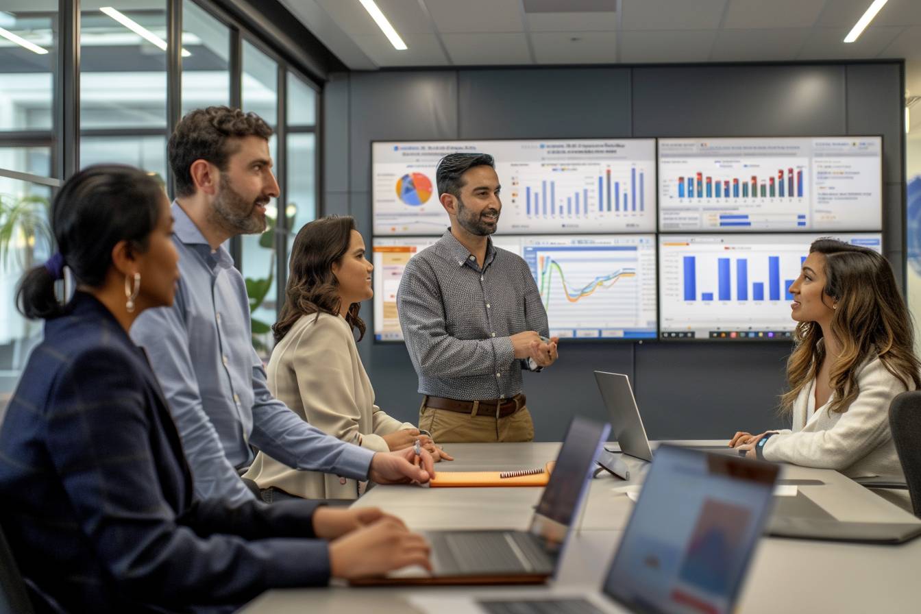 A diverse group of professionals engage in a meeting, discussing data displayed on screens, with laptops open on a conference table.