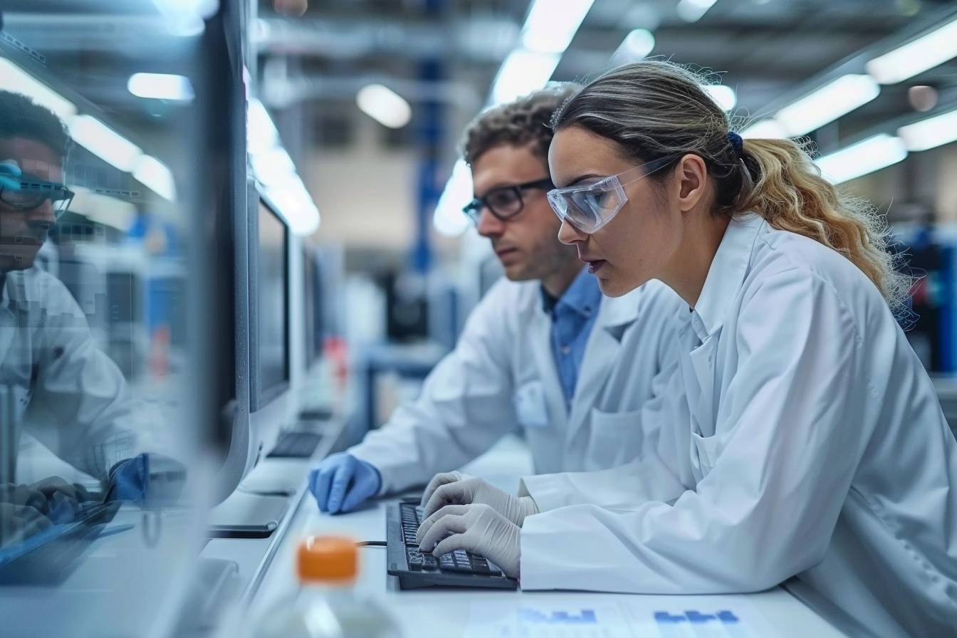 Two scientists in lab coats and safety glasses work intently on computers in a modern laboratory, focused on their screens and data analysis.