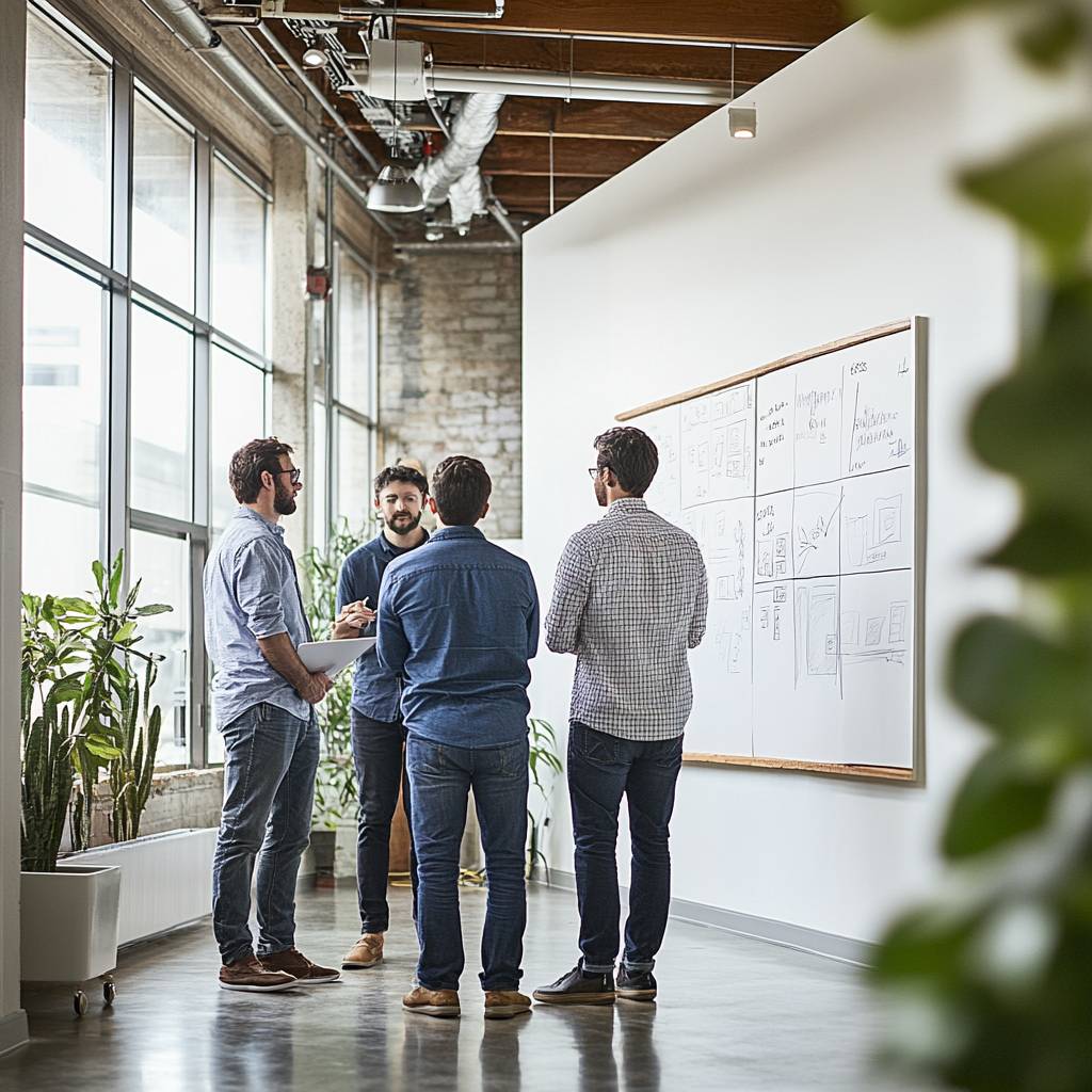 Four men in casual attire discussing ideas in a modern office space with large windows and a whiteboard covered in sketches and notes.