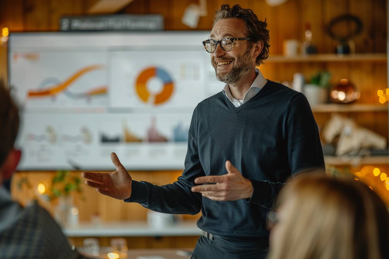 A man in a sweater presenting data on a screen during a meeting, engaging with an audience in a warm, wooden setting.