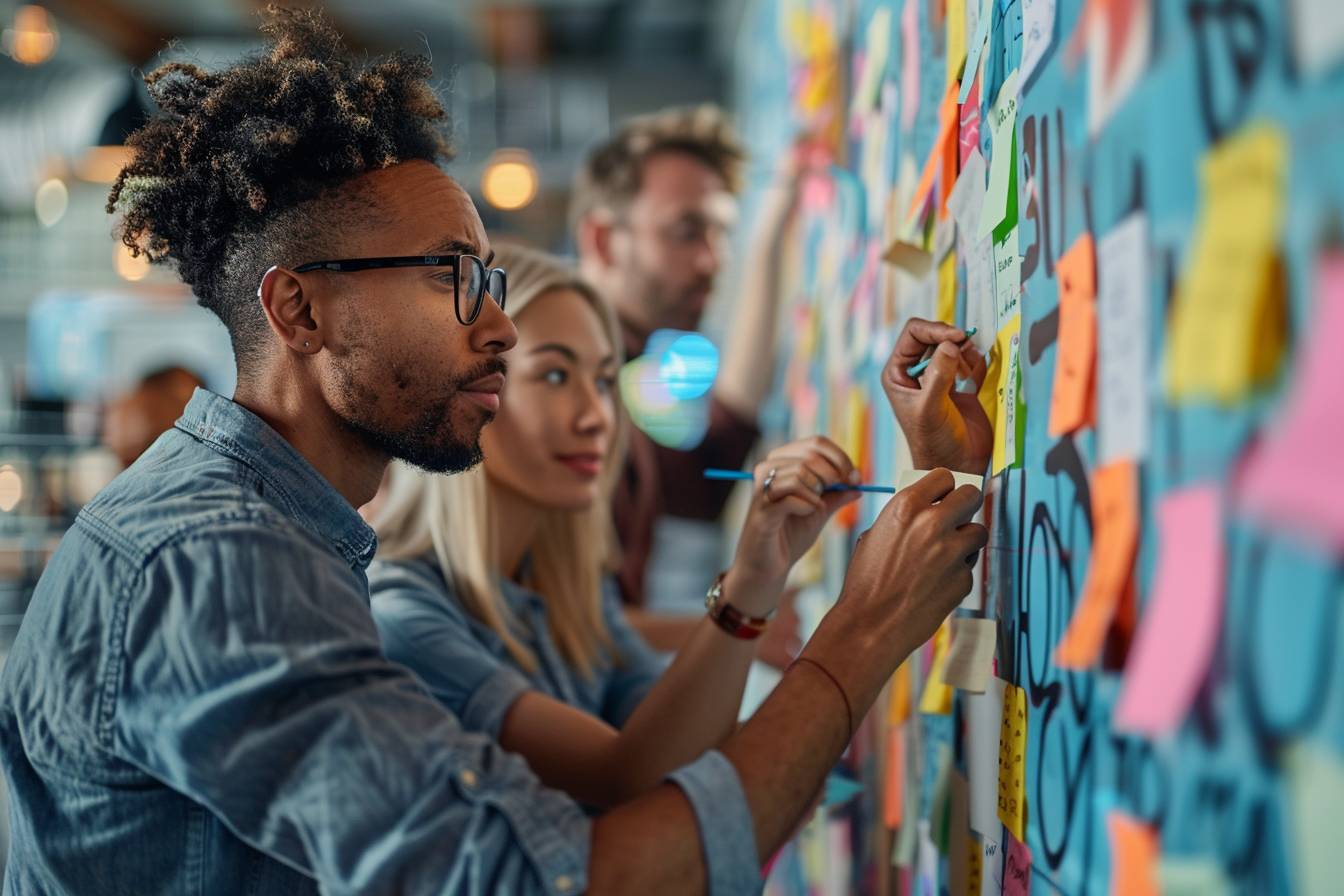 A diverse group of young professionals collaboratively working on colorful sticky notes on a wall, brainstorming ideas in a modern office space.