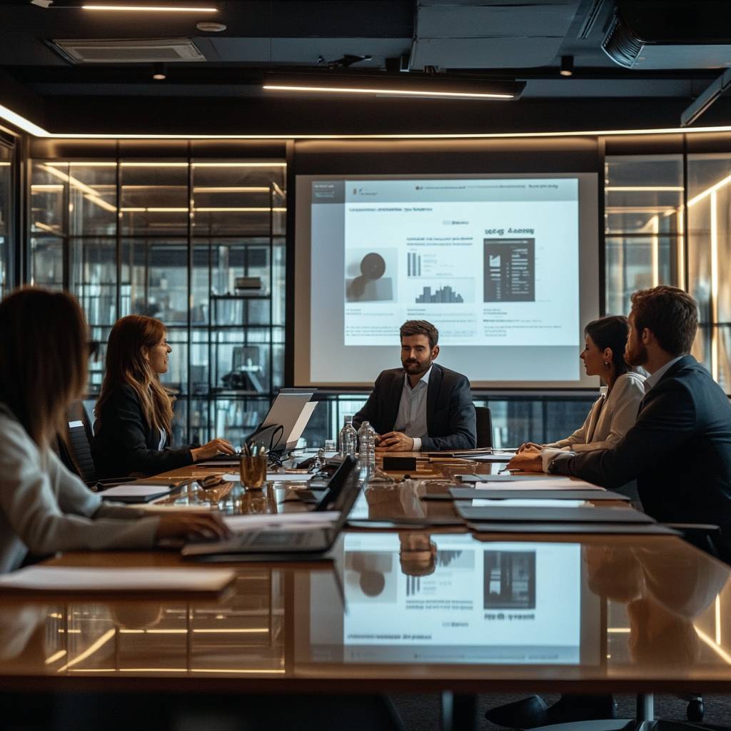 A professional meeting in a modern office, featuring a diverse group discussing data presented on a large screen, with laptops and documents on the table.