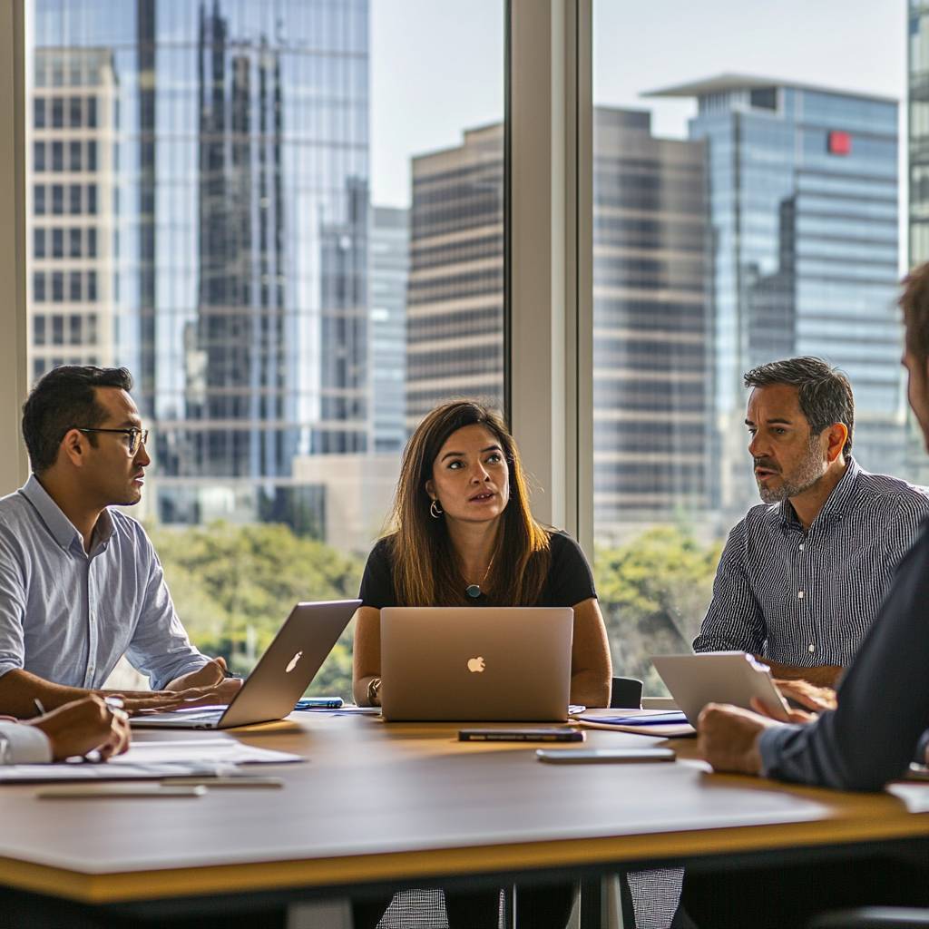 A diverse group of professionals engaged in a meeting around a modern conference table, with laptops and a city skyline visible through large windows.