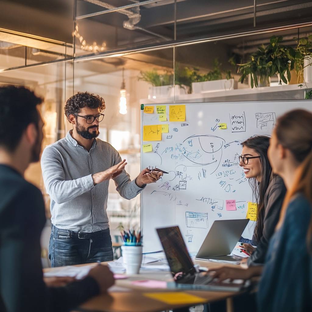 A diverse group of professionals in a modern office setting engage in a brainstorming session, discussing ideas and presenting on a whiteboard.