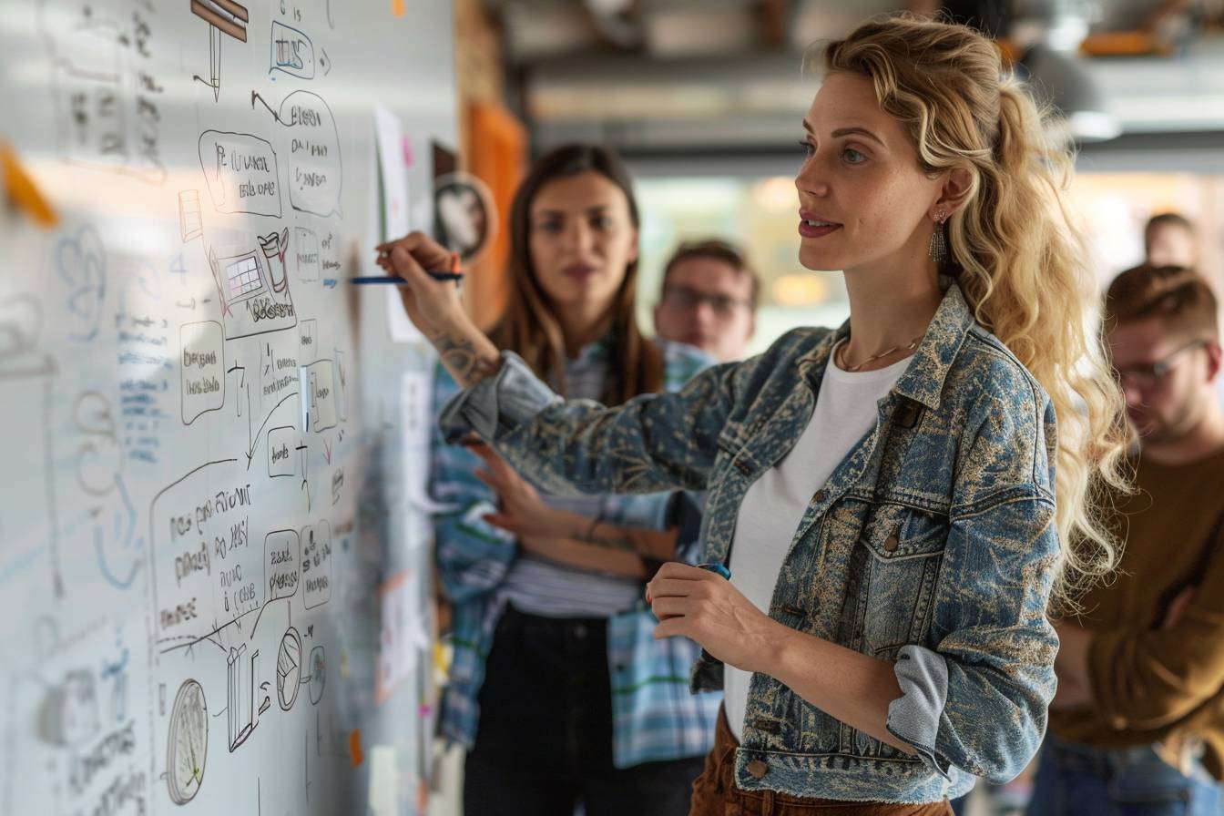 A woman with curly hair writes on a whiteboard filled with diagrams and notes, while others observe attentively in the background.