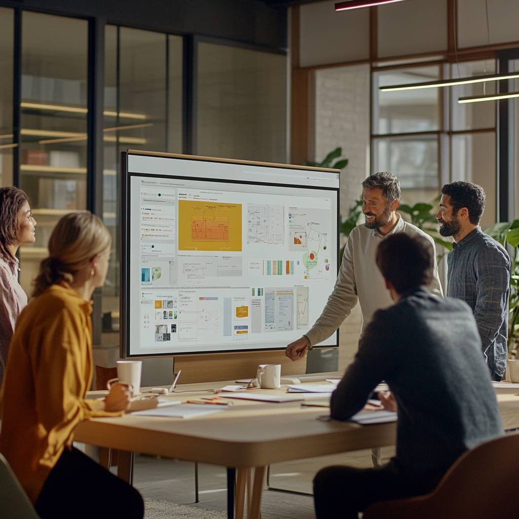 A diverse group of professionals engages in a collaborative meeting, discussing data displayed on a large screen in a modern office setting.