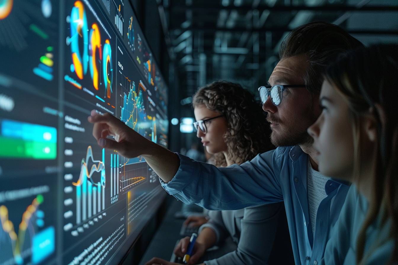 Three individuals analyze data on a large screen filled with colorful charts and graphs, highlighting a collaborative workspace environment.