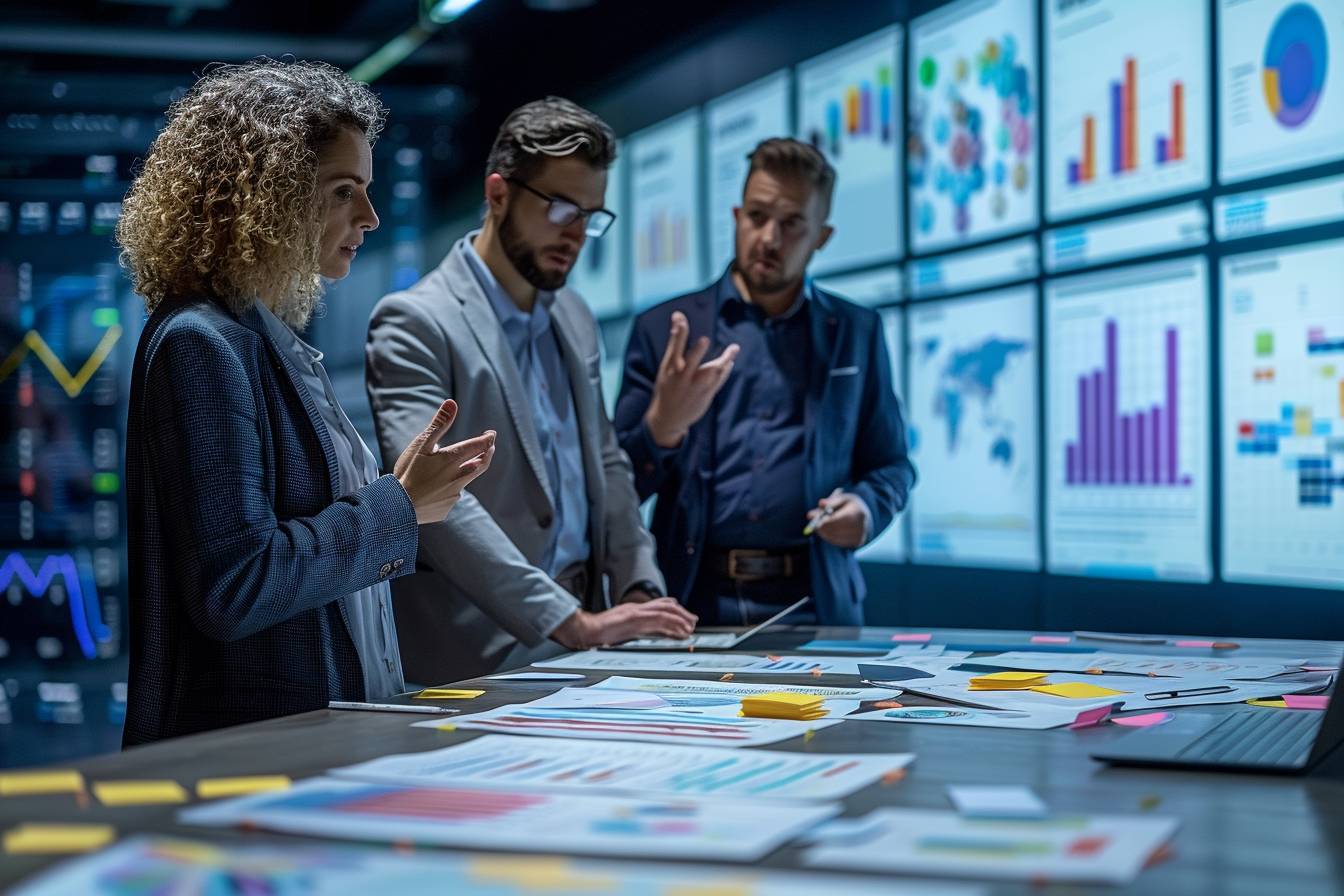Three professionals discussing data and strategies in a modern office, surrounded by analytical charts displayed on large screens.