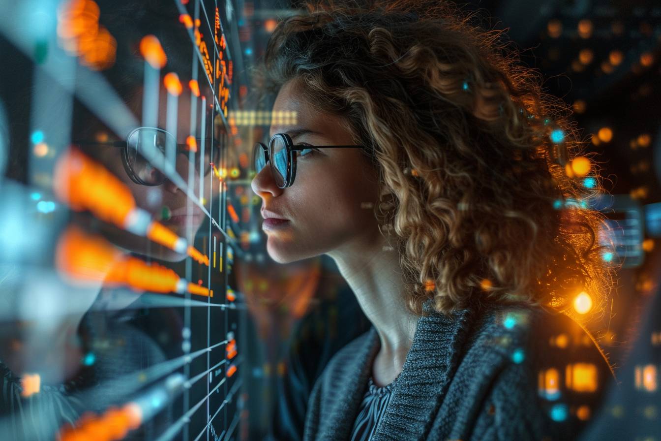 A focused woman with curly hair and glasses observes data visualizations on a digital display, reflecting a blend of technology and contemplation.