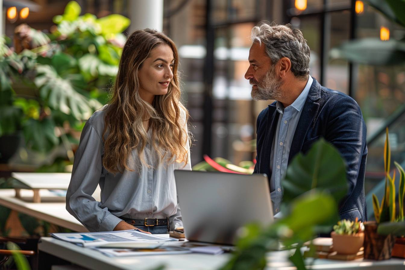 A woman and a man engage in a conversation at a desk in a modern workspace filled with greenery, laptops, and documents.