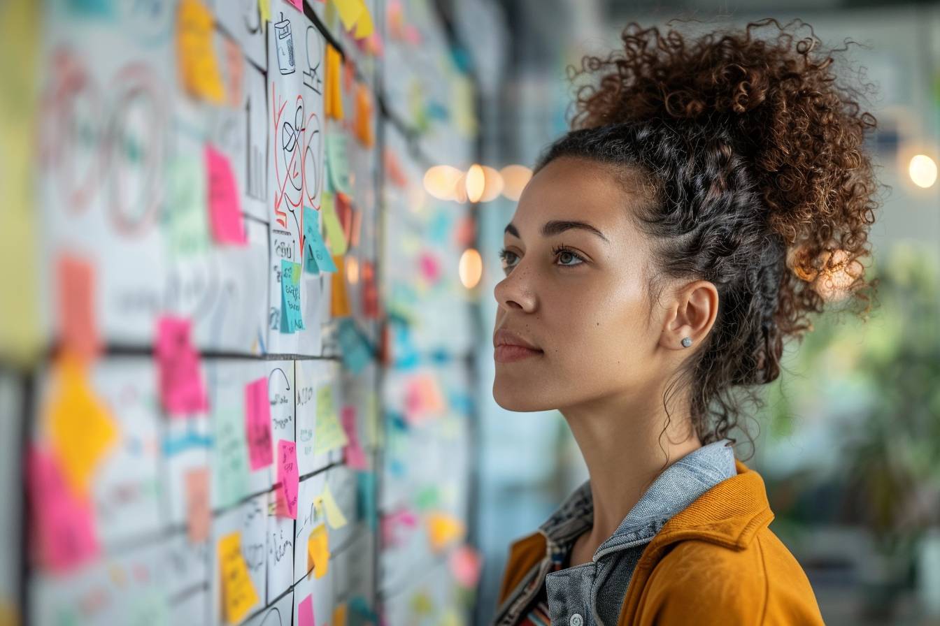 A young woman with curly hair stands thoughtfully observing a wall covered in colorful sticky notes and diagrams, showing her engaged in creative planning.