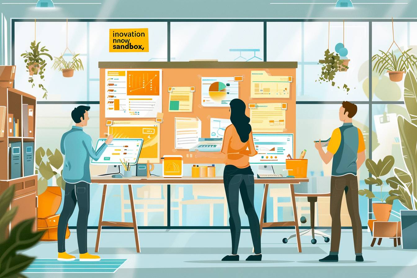 A modern workspace featuring three individuals collaborating on innovation projects, with charts displayed on boards and a bright, inviting atmosphere.