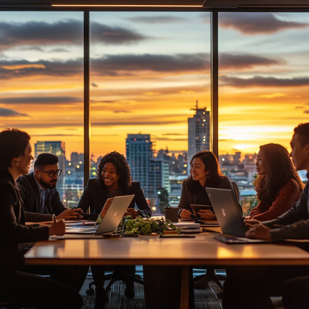 A diverse group of professionals engaged in a collaborative meeting, with a city skyline and sunset visible through large windows.