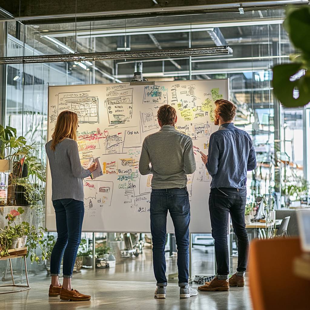 A group of three professionals, two men and a woman, stand in front of a whiteboard filled with notes and diagrams, collaborating in a modern office space.