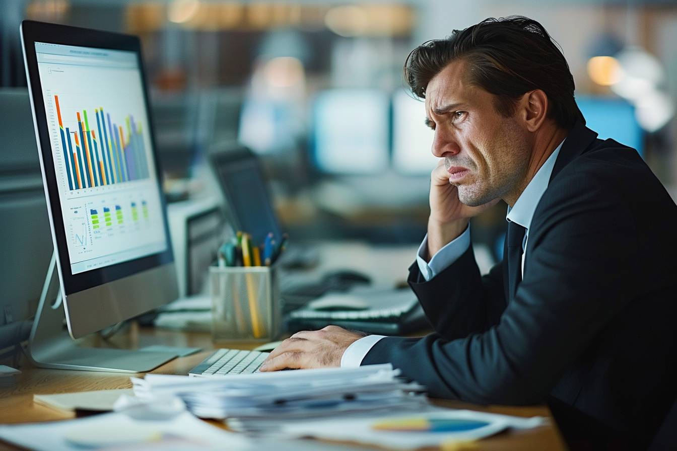A focused businessman wearing a suit sits at a desk, looking pensive while analyzing data on a computer screen filled with graphs.