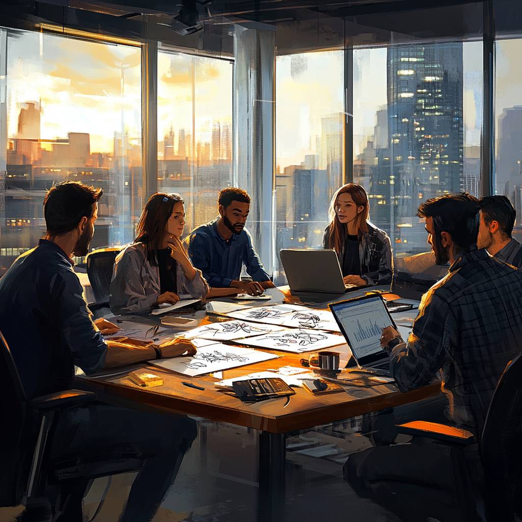 A group of professionals collaborate at a table, reviewing sketches and data on laptops, with a city skyline visible through large windows at sunset.