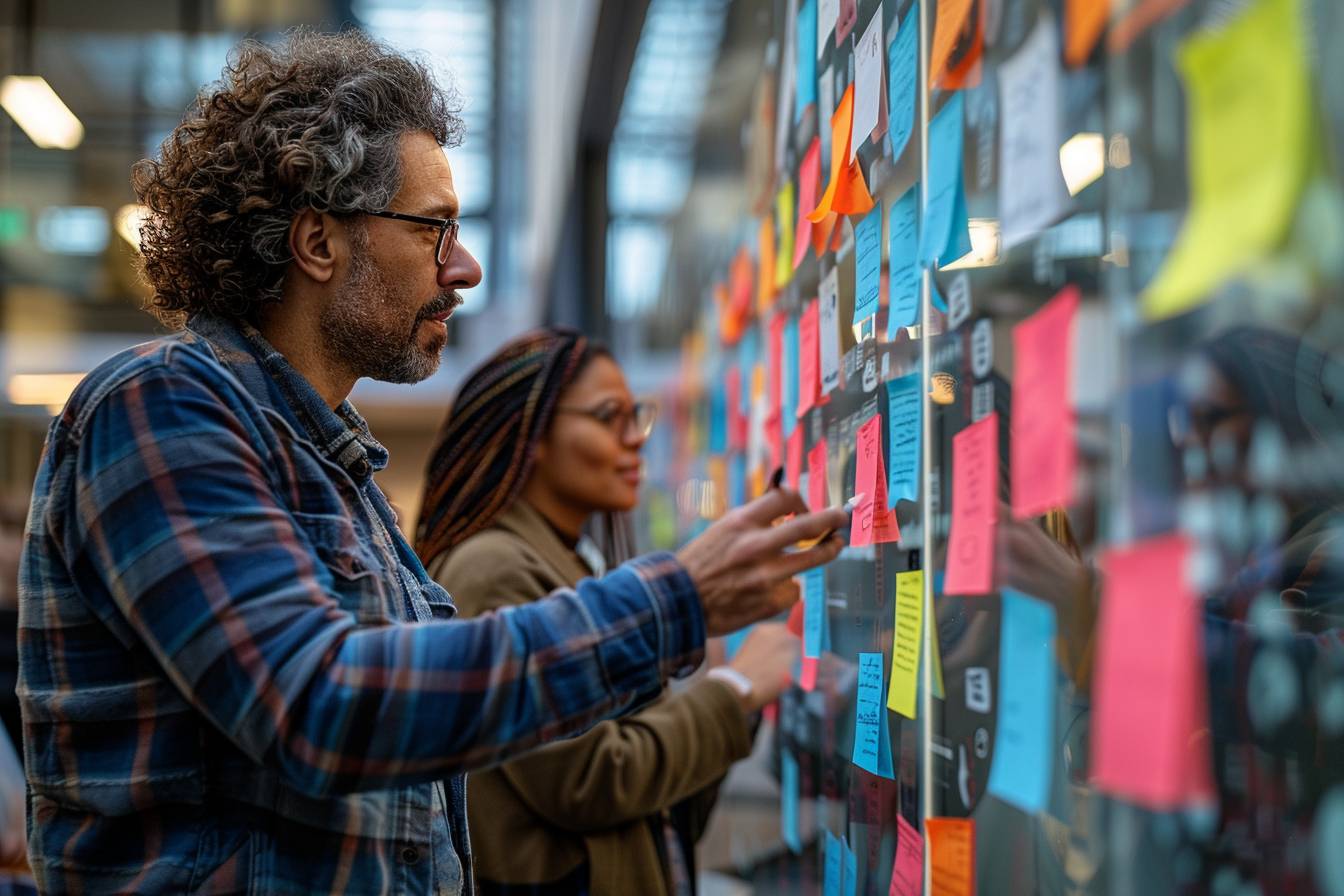 A man and woman collaborate in an office setting, engaging with a colorful wall of sticky notes while brainstorming ideas together.