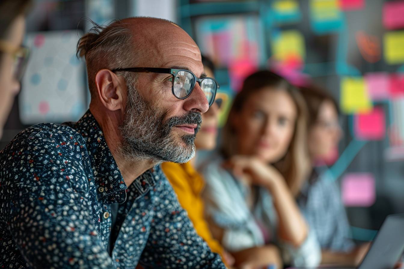 A thoughtful group meeting in an office setting, featuring a close-up of a middle-aged man with glasses and a floral shirt, engaged in discussion.