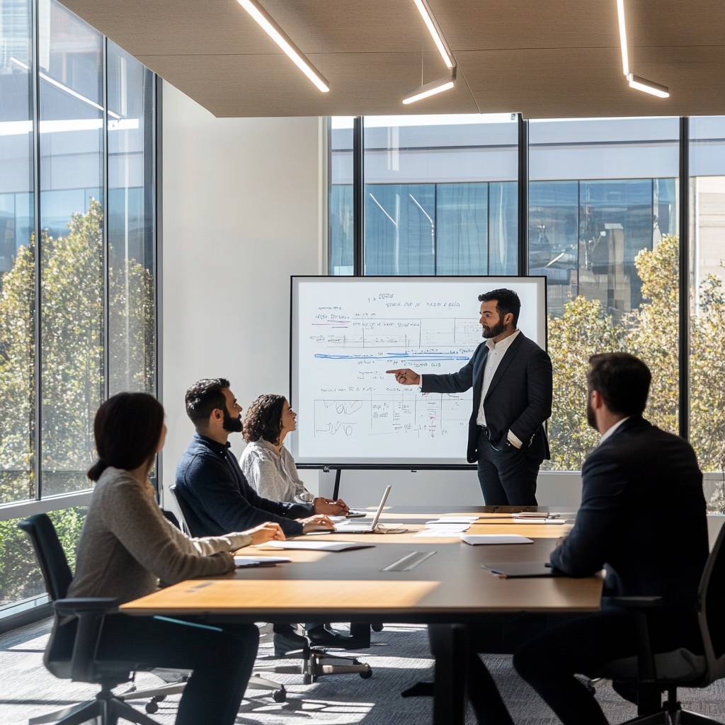 A business meeting in a bright conference room, with a presenter engaging a group of professionals discussing graphs and data on a screen.